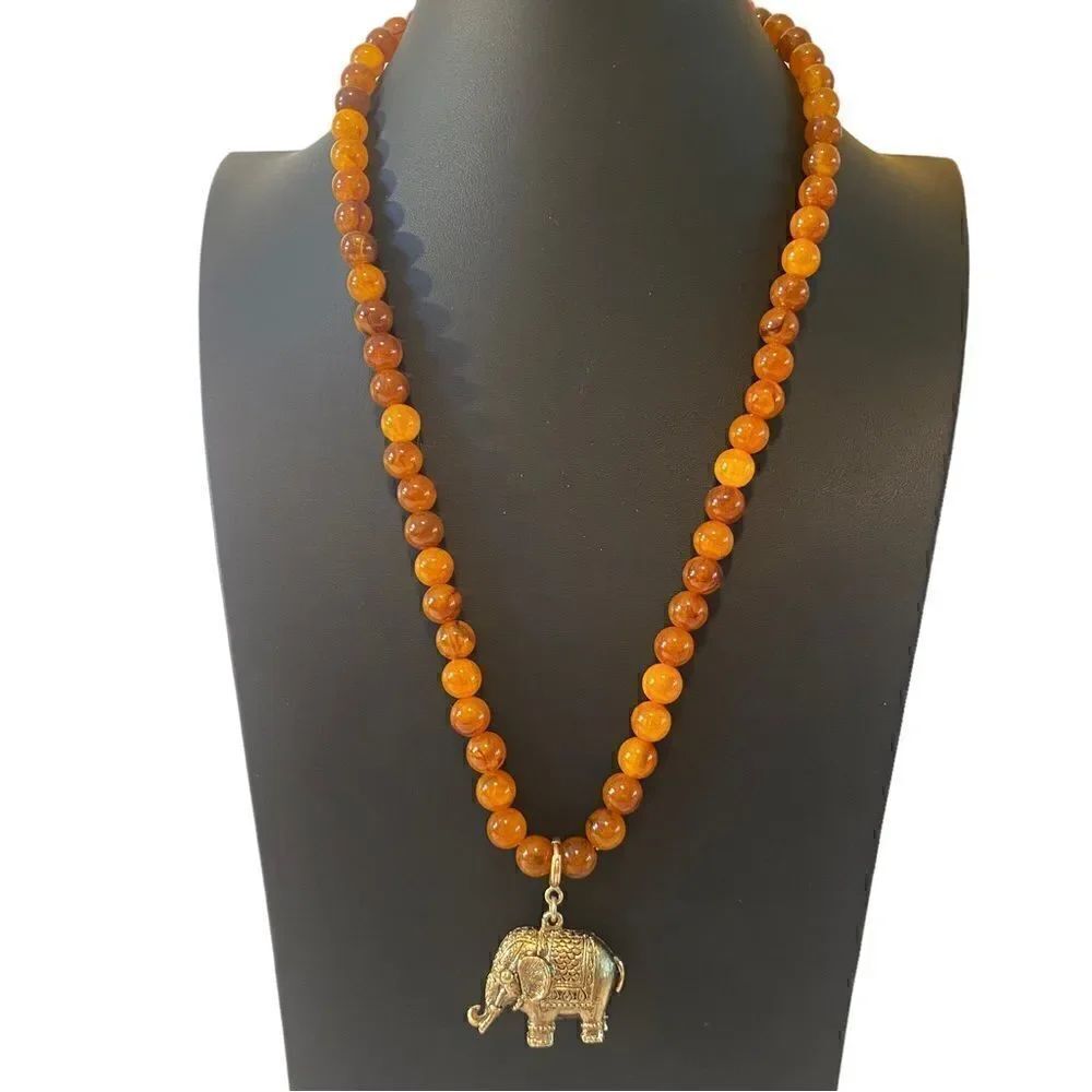 Sarah Coventry Brass Elephant & Amber Beaded Vintage Necklace